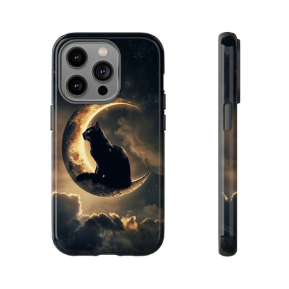 Black Cat on Crescent Moon Phone Case - Mystical Night Sky Design for iPhone, Samsung Galaxy, and Google Pixel Devices