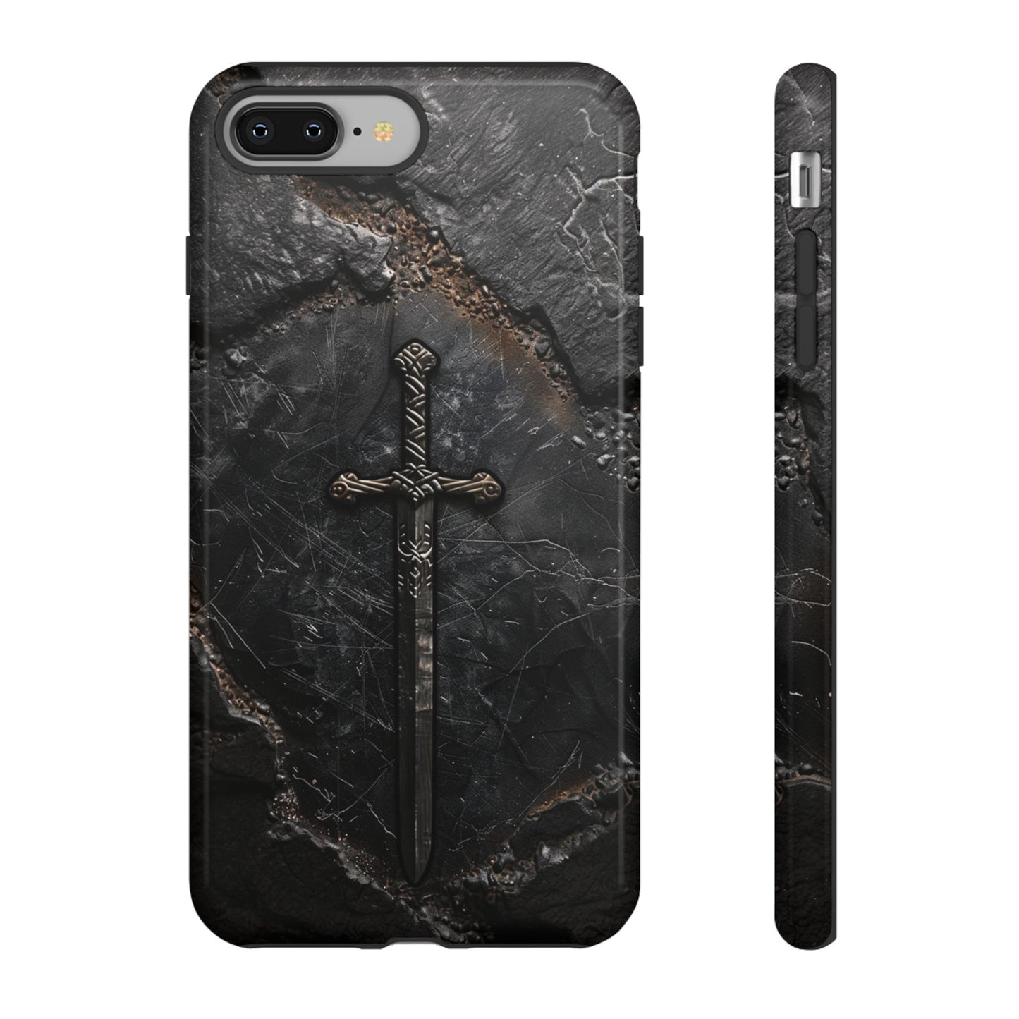 Medieval Sword Phone Case - Elegant Blade Design on Dark Stone Background for iPhone, Samsung Galaxy, and Google Pixel Devices