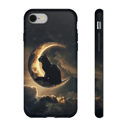 Black Cat on Crescent Moon Phone Case - Mystical Night Sky Design for iPhone, Samsung Galaxy, and Google Pixel Devices