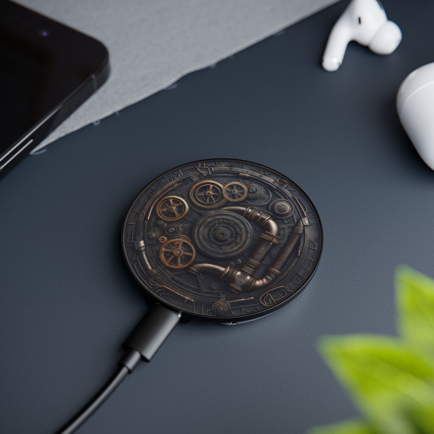 Steampunk Gear Design Wireless Magnetic Induction Phone Charger - Unique Vintage-Style Charging Pad