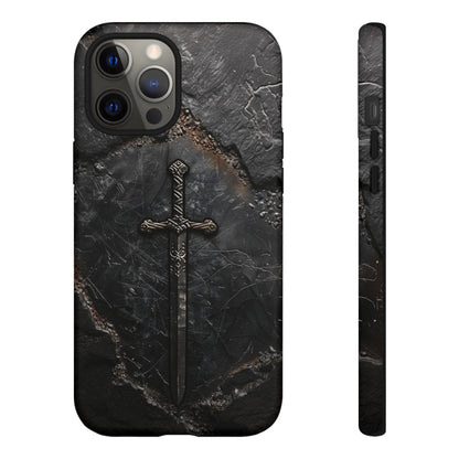 Medieval Sword Phone Case - Elegant Blade Design on Dark Stone Background for iPhone, Samsung Galaxy, and Google Pixel Devices