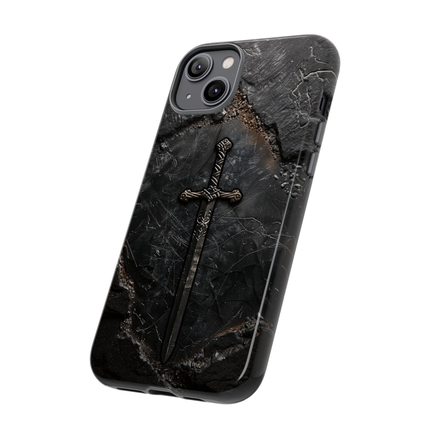 Medieval Sword Phone Case - Elegant Blade Design on Dark Stone Background for iPhone, Samsung Galaxy, and Google Pixel Devices