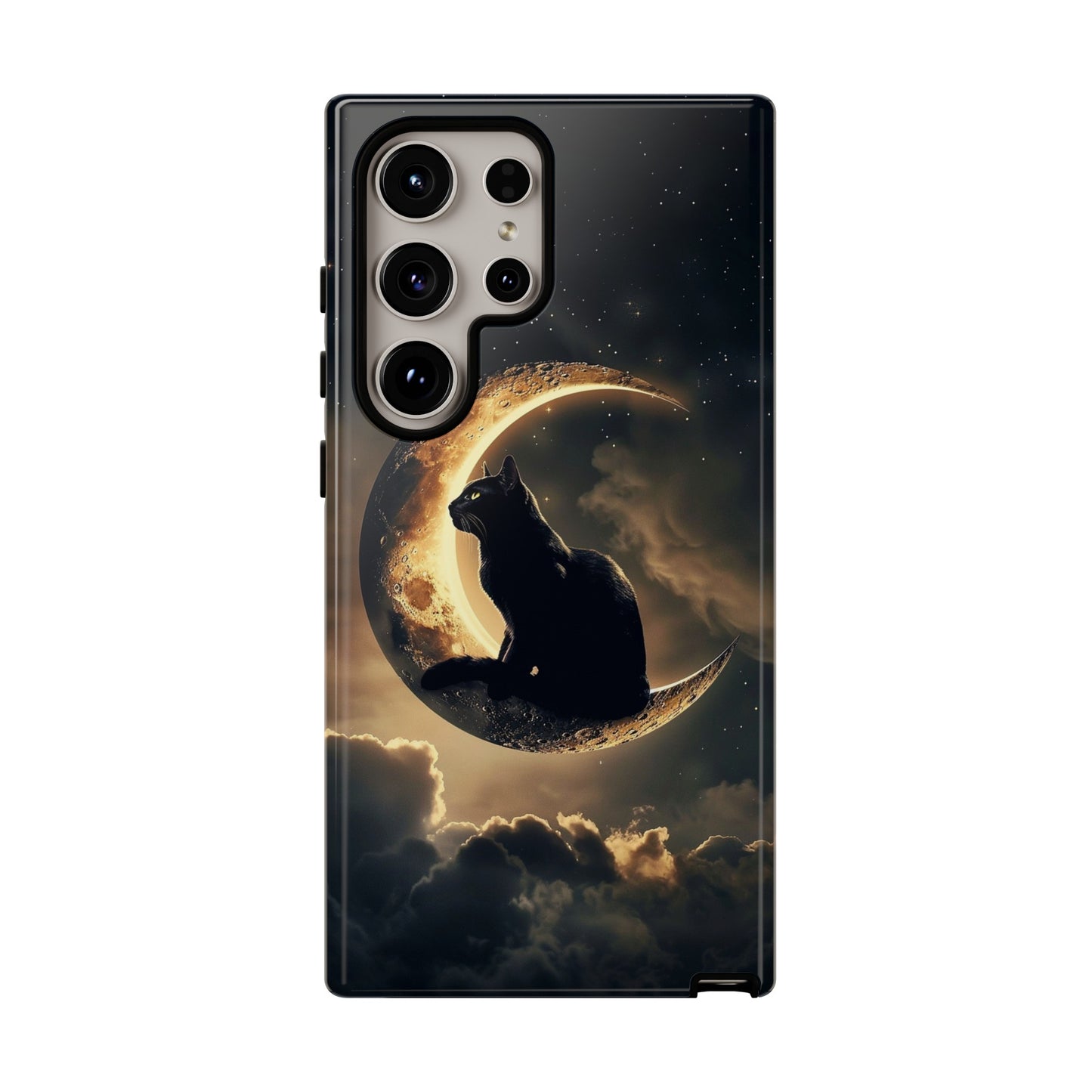 Black Cat on Crescent Moon Phone Case - Mystical Night Sky Design for iPhone, Samsung Galaxy, and Google Pixel Devices