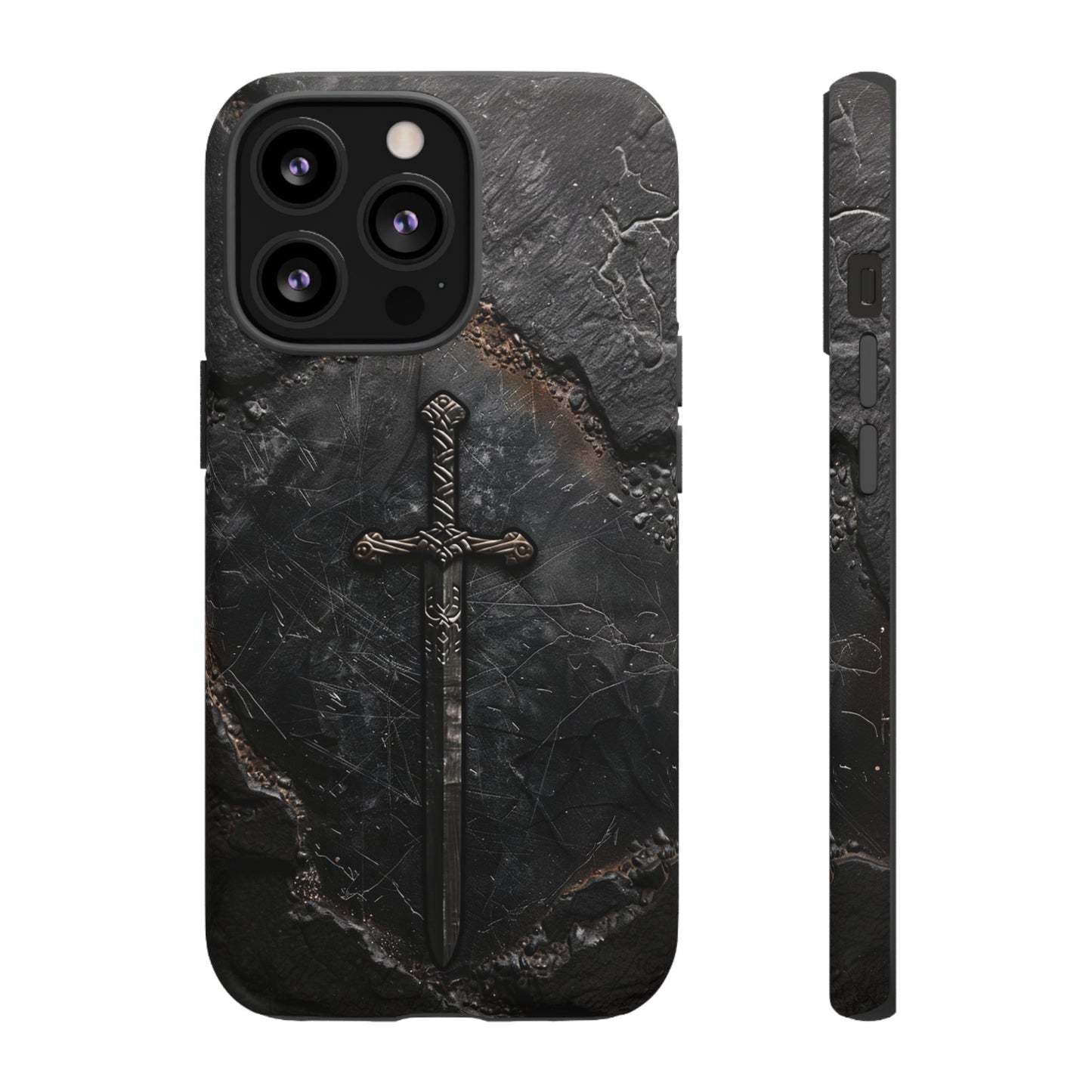 Medieval Sword Phone Case - Elegant Blade Design on Dark Stone Background for iPhone, Samsung Galaxy, and Google Pixel Devices