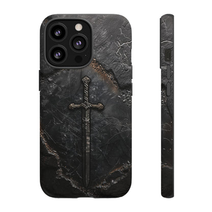 Medieval Sword Phone Case - Elegant Blade Design on Dark Stone Background for iPhone, Samsung Galaxy, and Google Pixel Devices