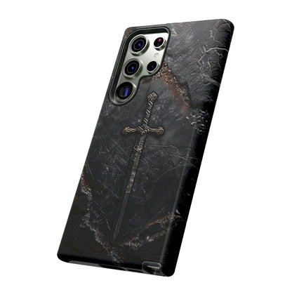 Medieval Sword Phone Case - Elegant Blade Design on Dark Stone Background for iPhone, Samsung Galaxy, and Google Pixel Devices