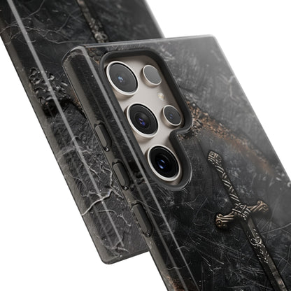 Medieval Sword Phone Case - Elegant Blade Design on Dark Stone Background for iPhone, Samsung Galaxy, and Google Pixel Devices