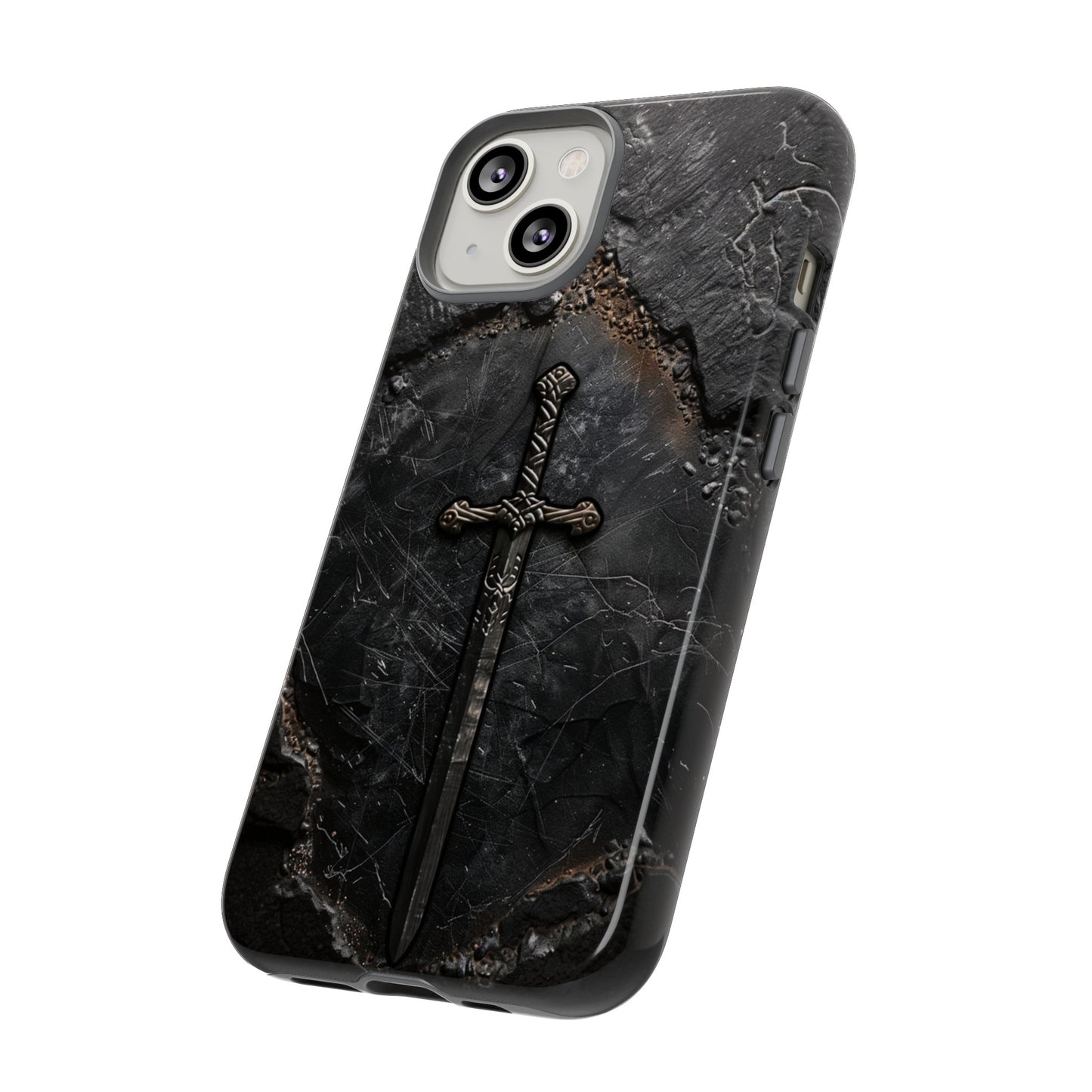 Medieval Sword Phone Case - Elegant Blade Design on Dark Stone Background for iPhone, Samsung Galaxy, and Google Pixel Devices