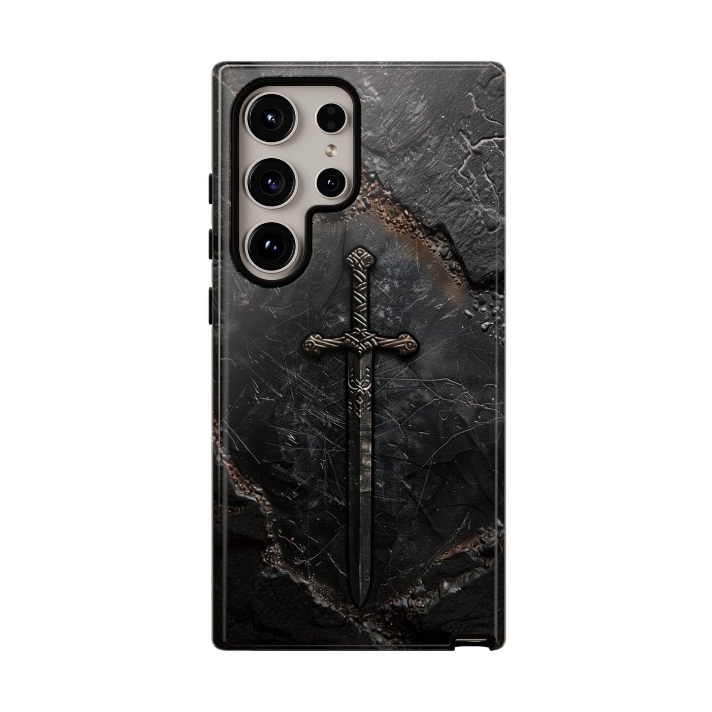 Medieval Sword Phone Case - Elegant Blade Design on Dark Stone Background for iPhone, Samsung Galaxy, and Google Pixel Devices