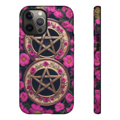 Pentacles in Pink Flowers Tough Phone Case – Mystical Floral Design for iPhone, Samsung Galaxy, and Google Pixel Devices