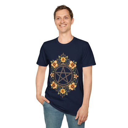 Pentacle Flower T-Shirt – Mystical Floral Pentagram Design for Wiccan and Pagan Fashion