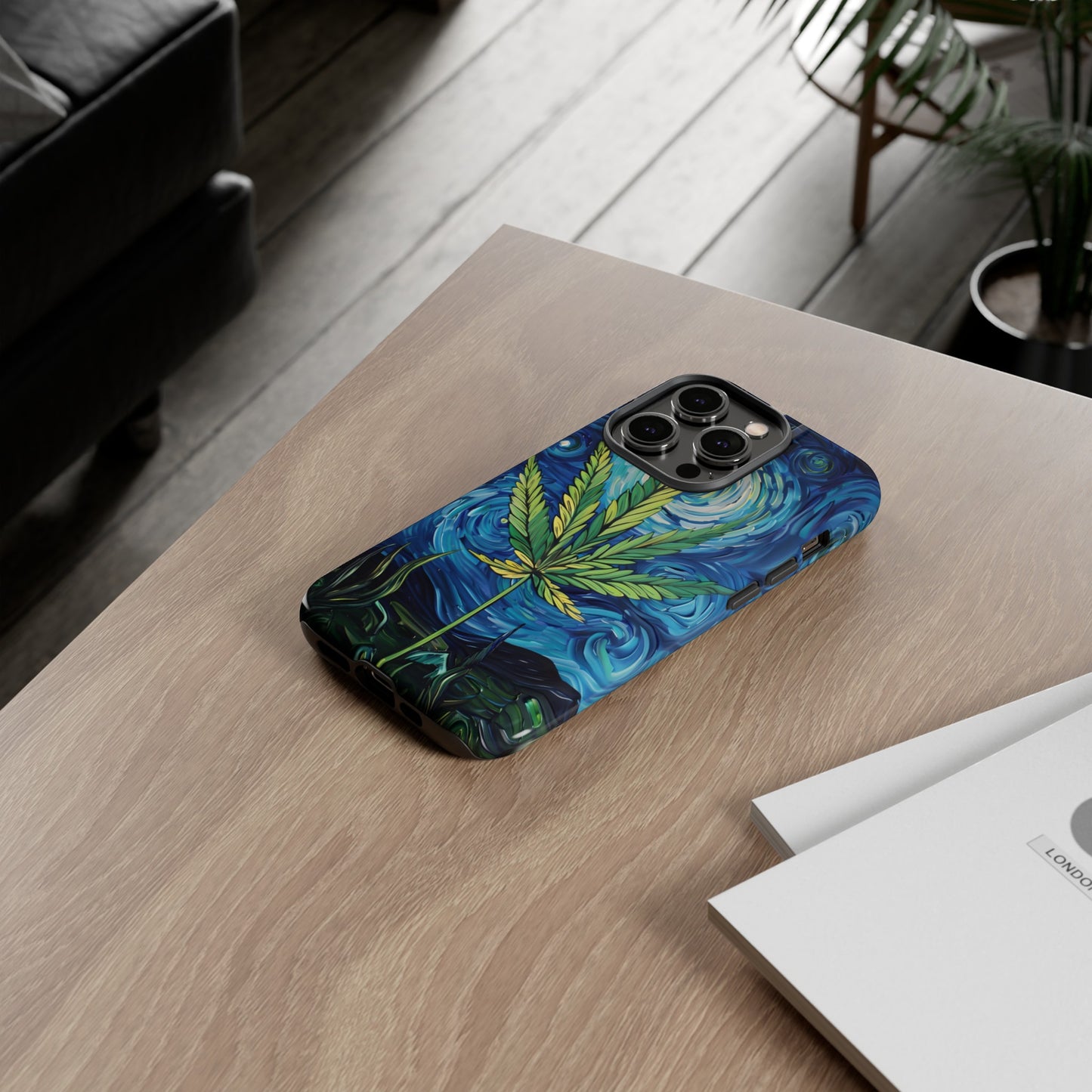 Pot Leaf Starry Night Phone Case – Artistic Marijuana Design for iPhone, Samsung Galaxy, and Google Pixel Devices