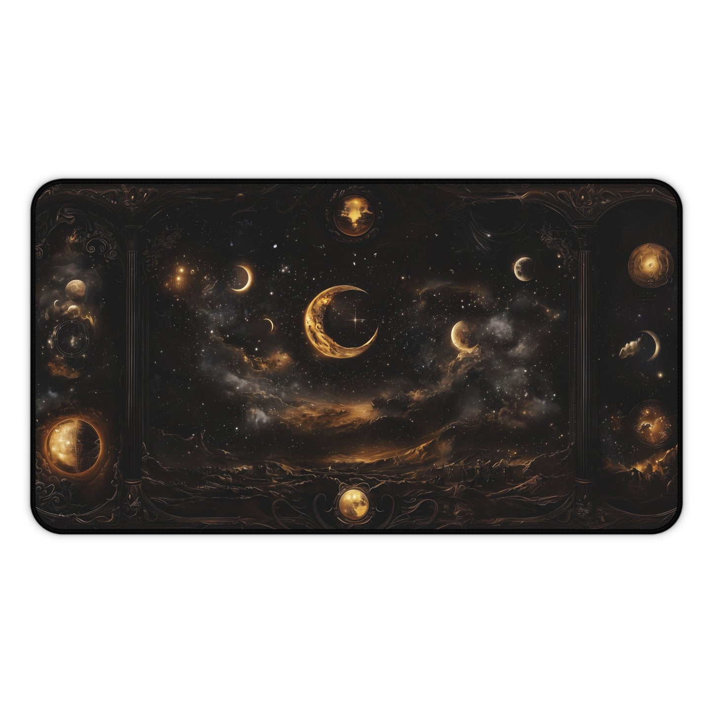 Celestial Night Sky Desk Mat - Cosmic Moon Phases Gaming Mouse Pad with Dark Starry Design