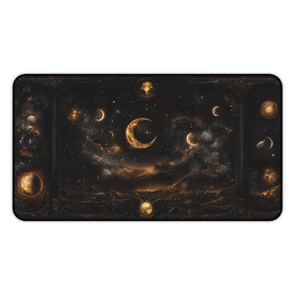 Celestial Night Sky Desk Mat - Cosmic Moon Phases Gaming Mouse Pad with Dark Starry Design