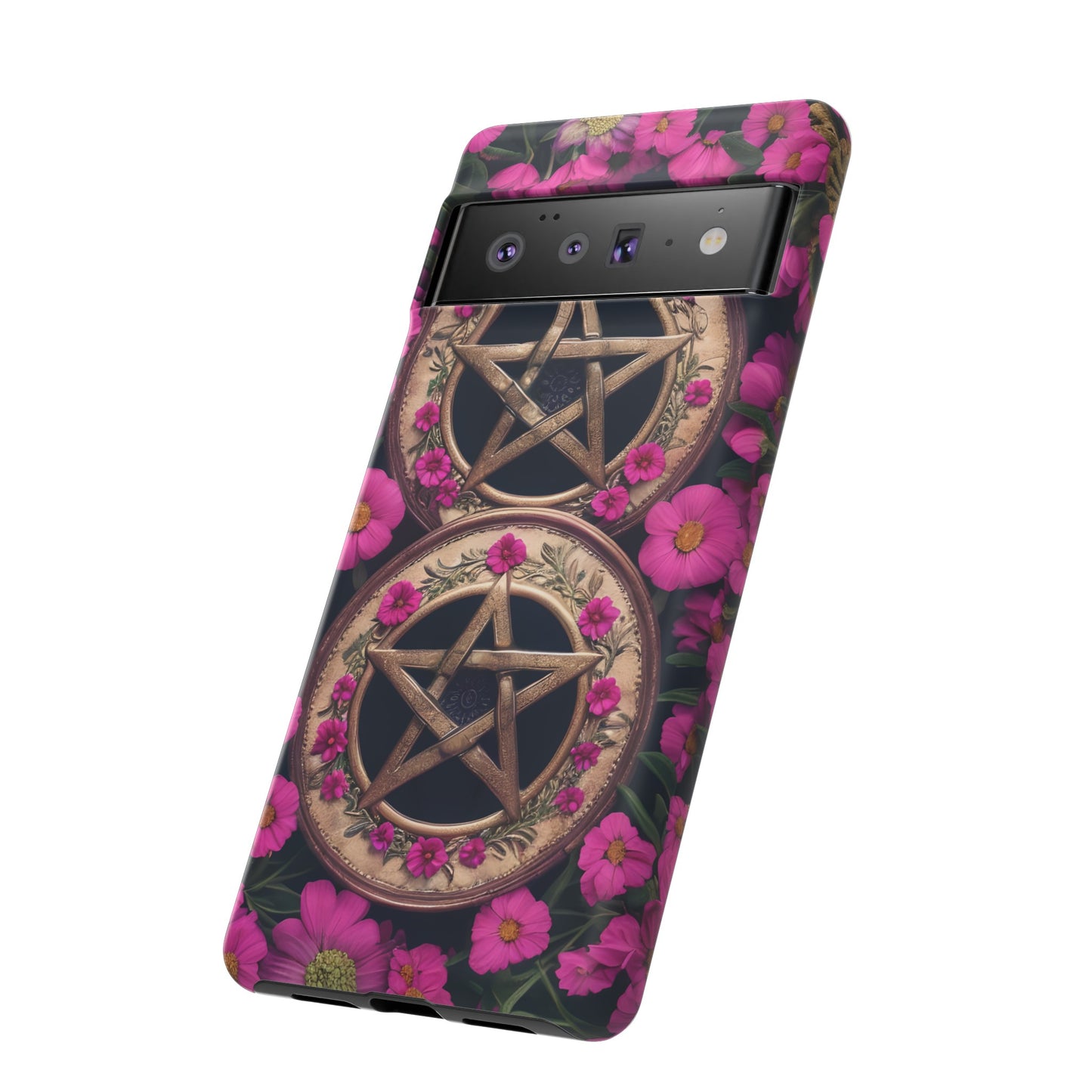 Pentacles in Pink Flowers Tough Phone Case – Mystical Floral Design for iPhone, Samsung Galaxy, and Google Pixel Devices