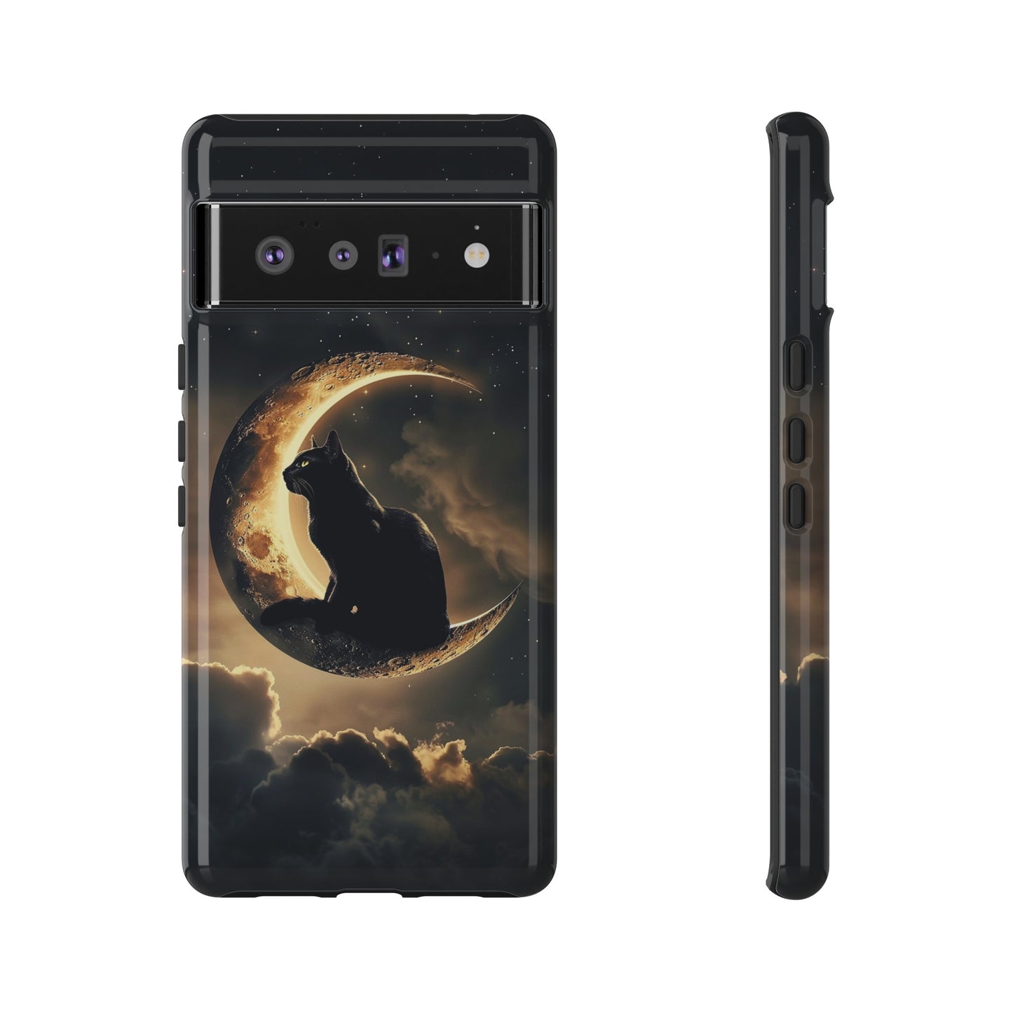 Black Cat on Crescent Moon Phone Case - Mystical Night Sky Design for iPhone, Samsung Galaxy, and Google Pixel Devices