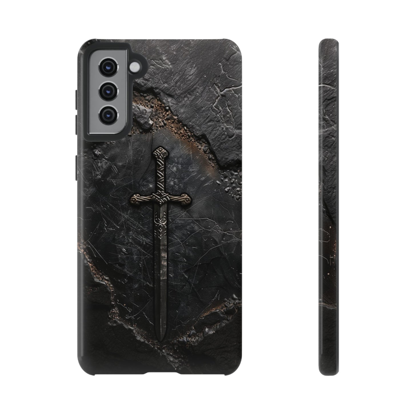 Medieval Sword Phone Case - Elegant Blade Design on Dark Stone Background for iPhone, Samsung Galaxy, and Google Pixel Devices