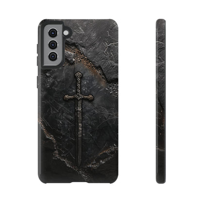 Medieval Sword Phone Case - Elegant Blade Design on Dark Stone Background for iPhone, Samsung Galaxy, and Google Pixel Devices