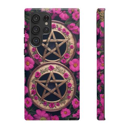 Pentacles in Pink Flowers Tough Phone Case – Mystical Floral Design for iPhone, Samsung Galaxy, and Google Pixel Devices