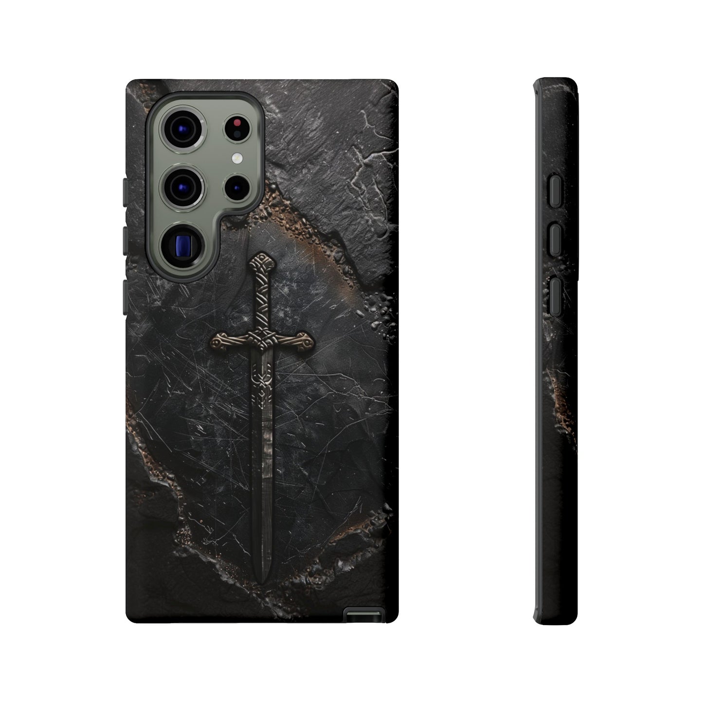 Medieval Sword Phone Case - Elegant Blade Design on Dark Stone Background for iPhone, Samsung Galaxy, and Google Pixel Devices