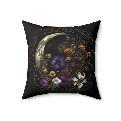 Gothic Moon Floral Art Throw Pillow - Spun Polyester Square Cushion with Moon and Flowers Design