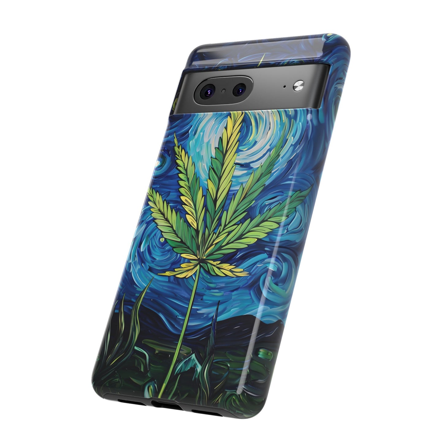 Pot Leaf Starry Night Phone Case – Artistic Marijuana Design for iPhone, Samsung Galaxy, and Google Pixel Devices