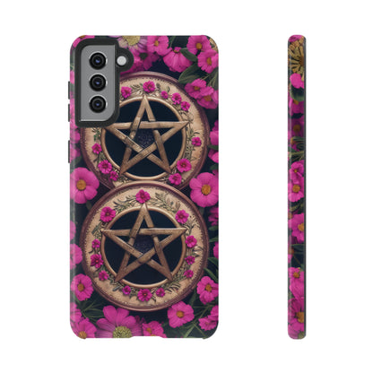 Pentacles in Pink Flowers Tough Phone Case – Mystical Floral Design for iPhone, Samsung Galaxy, and Google Pixel Devices