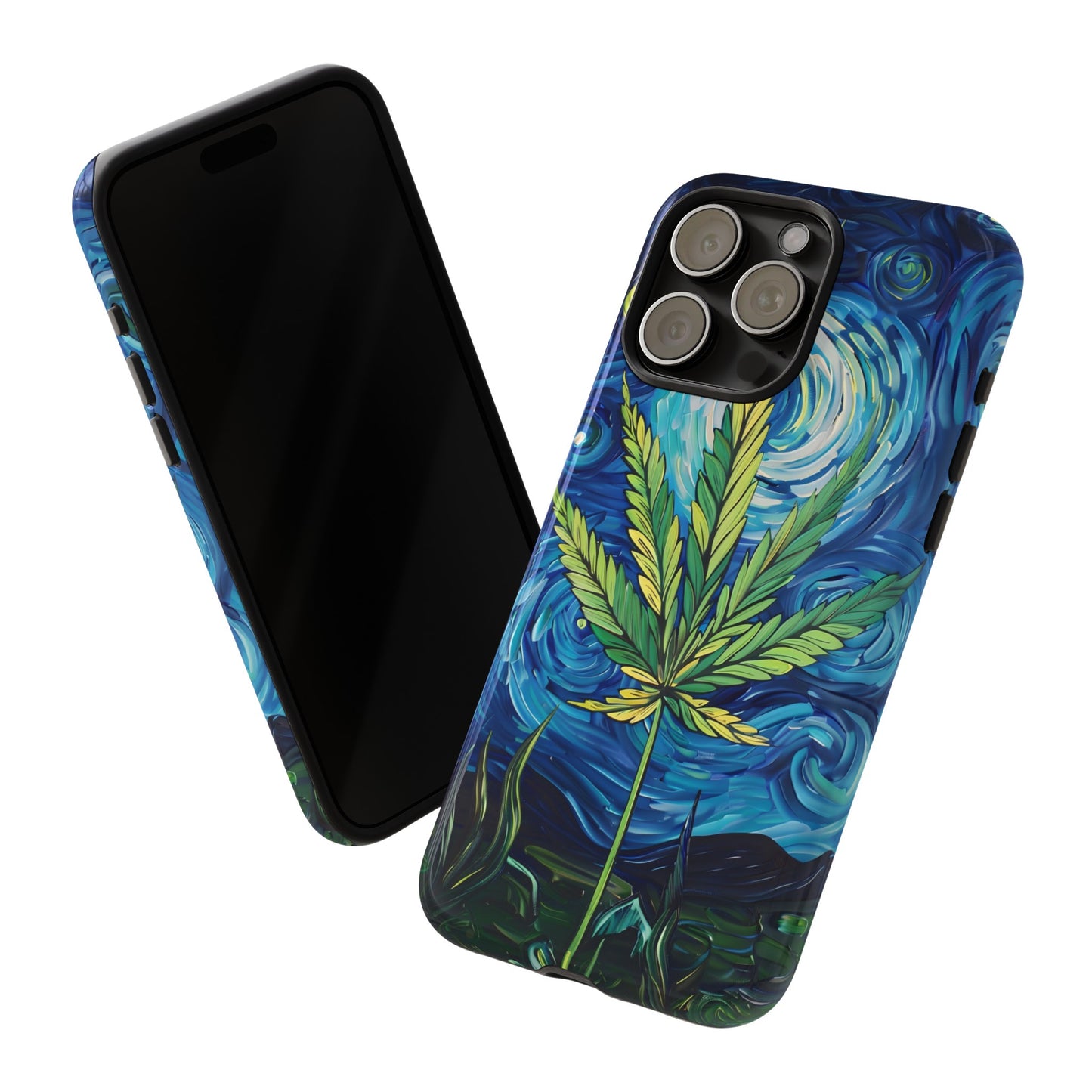 Pot Leaf Starry Night Phone Case – Artistic Marijuana Design for iPhone, Samsung Galaxy, and Google Pixel Devices