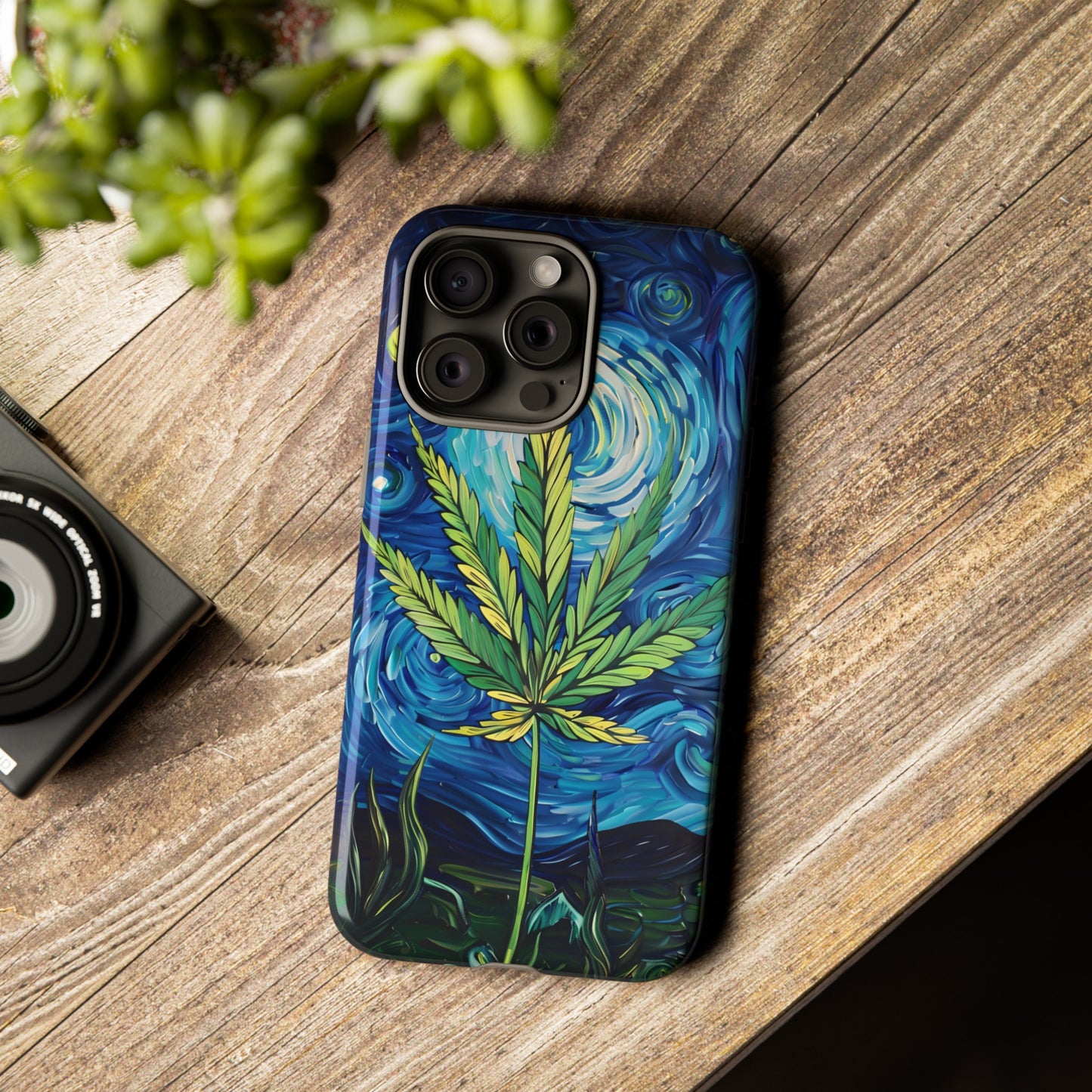 Pot Leaf Starry Night Phone Case – Artistic Marijuana Design for iPhone, Samsung Galaxy, and Google Pixel Devices