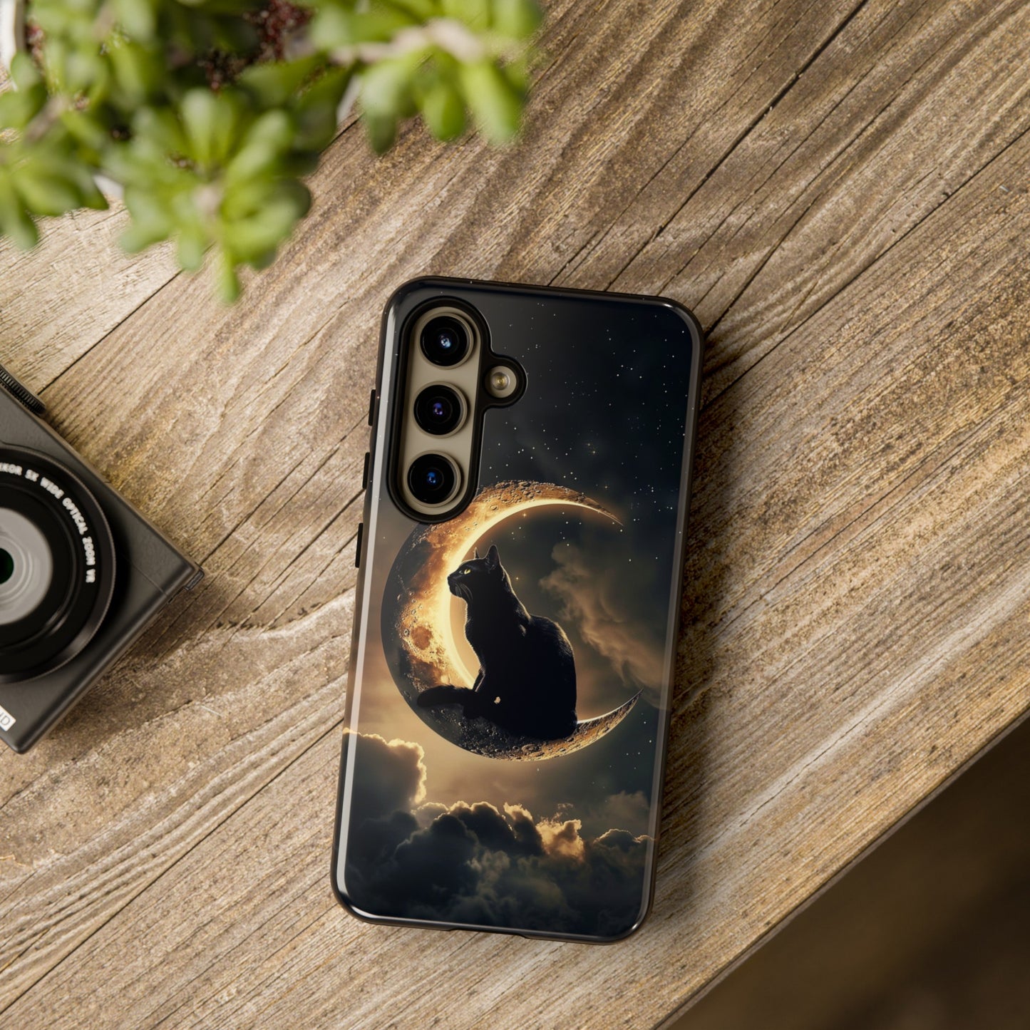 Black Cat on Crescent Moon Phone Case - Mystical Night Sky Design for iPhone, Samsung Galaxy, and Google Pixel Devices