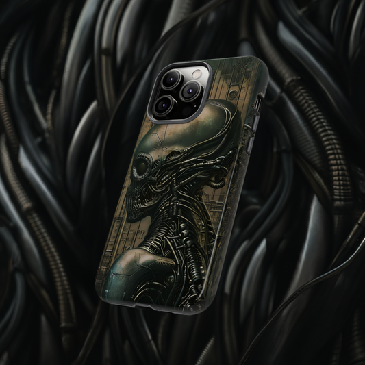 Biomechanical Android Phone Case – Futuristic Alien Horror H.R. Giger-Inspired Design for iPhone, Samsung Galaxy, and Google Pixel Devices