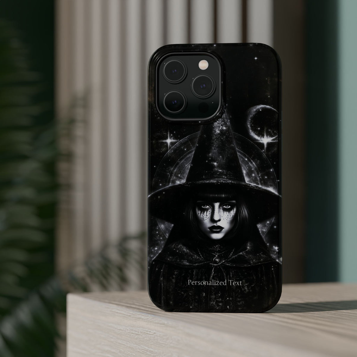 Personalized Gothic Witch Phone Case – Black and White Celestial Witch Art for iPhone, Samsung Galaxy & Google Pixel