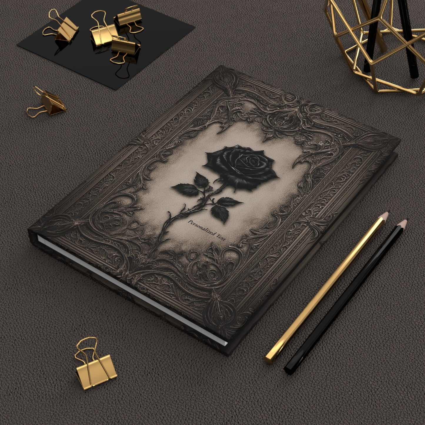 Gothic Black Rose Journal – Ornate Antique Notebook with Optional Personalized Text