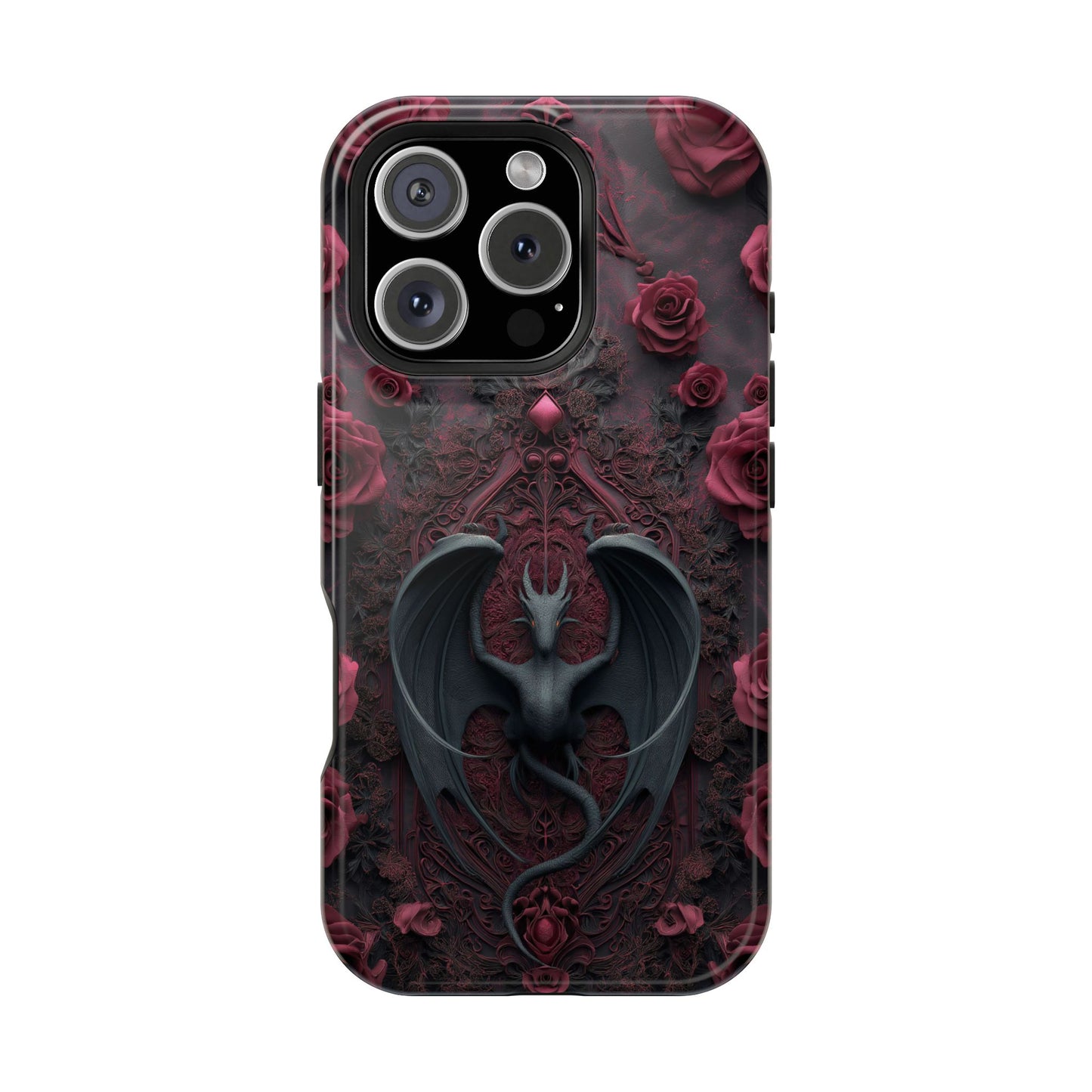 Gothic Dragon Rose Phone Case – Dark Fantasy Dragon with Crimson Roses and Optional Personalized Text