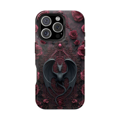 Gothic Dragon Rose Phone Case – Dark Fantasy Dragon with Crimson Roses and Optional Personalized Text