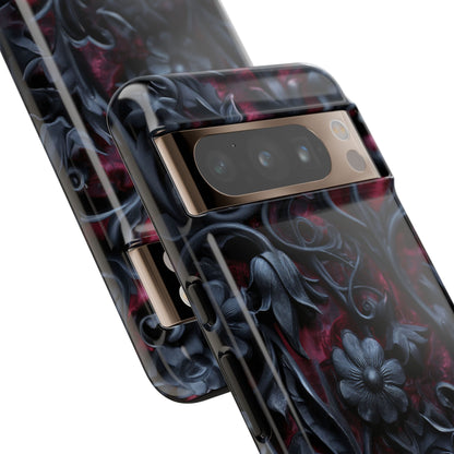 Gothic Floral Phone Case – Dark Red & Black Baroque Botanical Design with Optional Personalized Text
