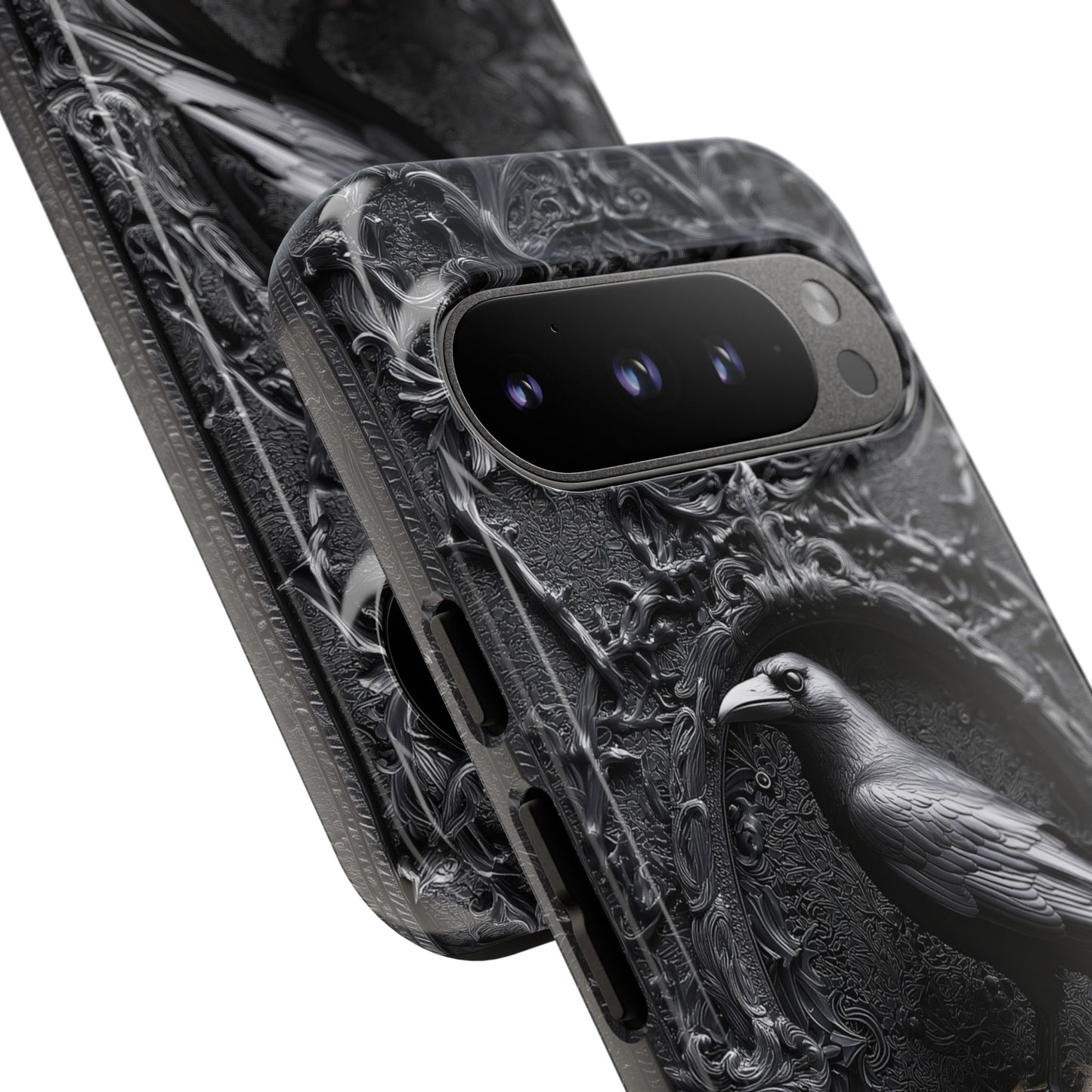 Gothic Raven and Skull Phone Case - Dark Baroque Style with Optional Personalized Text (GLOSSY VERSION)