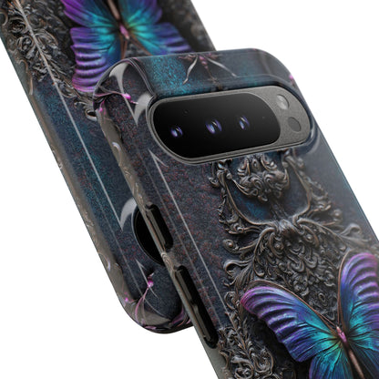 Gothic Butterfly Phone Case - Purple and Teal Wings on Ornate Frame - Personalized Text Available (GLOSSY VERSION)