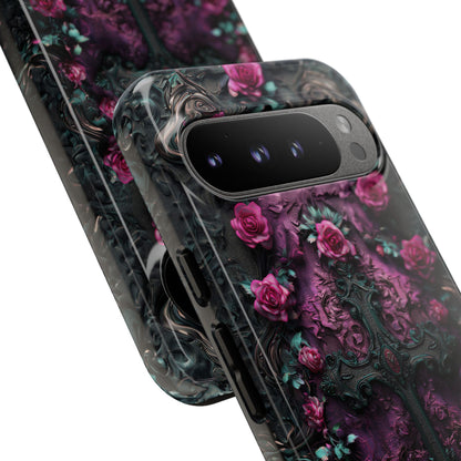 Gothic Rose Cross Phone Case - Dark Floral Baroque Design with Personalization Option (GLOSSY FINISH)