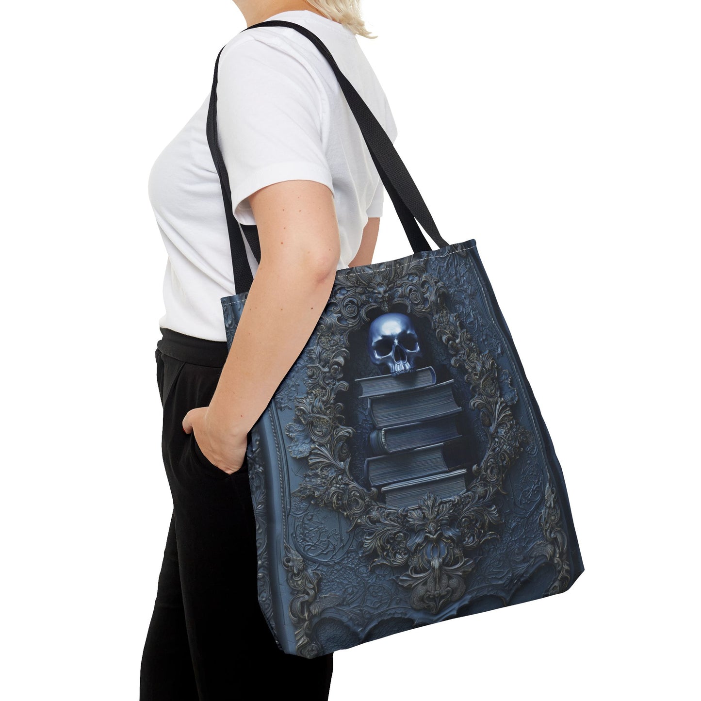 Personalized Gothic Skull and Books Tote Bag - Dark Academia Aesthetic