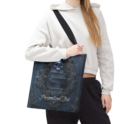 Personalized Gothic Skull and Books Tote Bag - Dark Academia Aesthetic