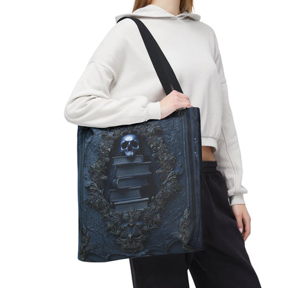 Personalized Gothic Skull and Books Tote Bag - Dark Academia Aesthetic