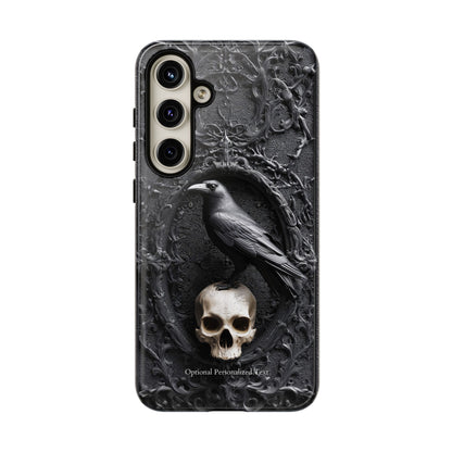 Gothic Raven and Skull Phone Case - Dark Baroque Style with Optional Personalized Text (MATTE VERSION)