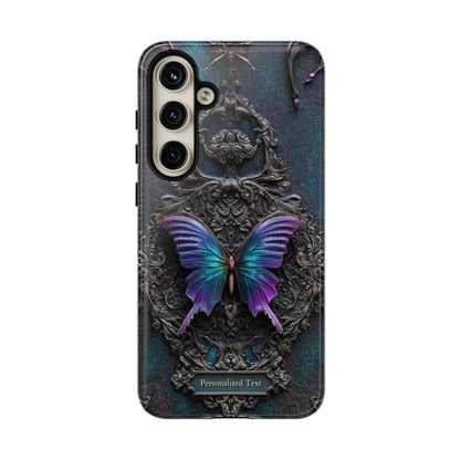 Gothic Butterfly Phone Case - Purple and Teal Wings on Ornate Frame - Personalized Text Available (MATTE VERSION)