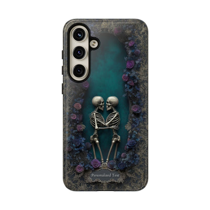 Eternal Lovers Skeleton Phone Case - Gothic Romance Design with Roses and Personalized Text Option (MATTE FINISH)
