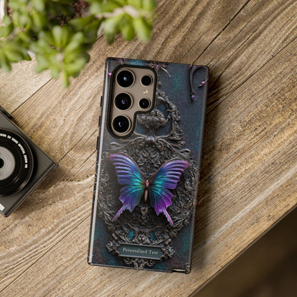 Gothic Butterfly Phone Case - Purple and Teal Wings on Ornate Frame - Personalized Text Available (MATTE VERSION)