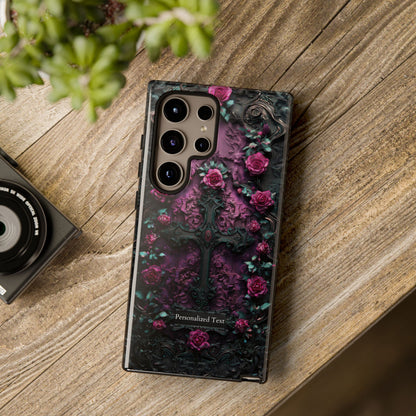 Gothic Rose Cross Phone Case - Dark Floral Baroque Design with Personalization Option (MATTE FINISH)