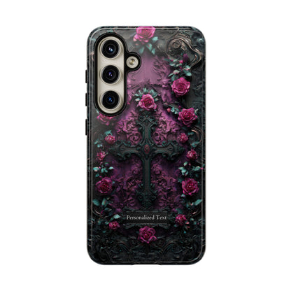 Gothic Rose Cross Phone Case - Dark Floral Baroque Design with Personalization Option (MATTE FINISH)
