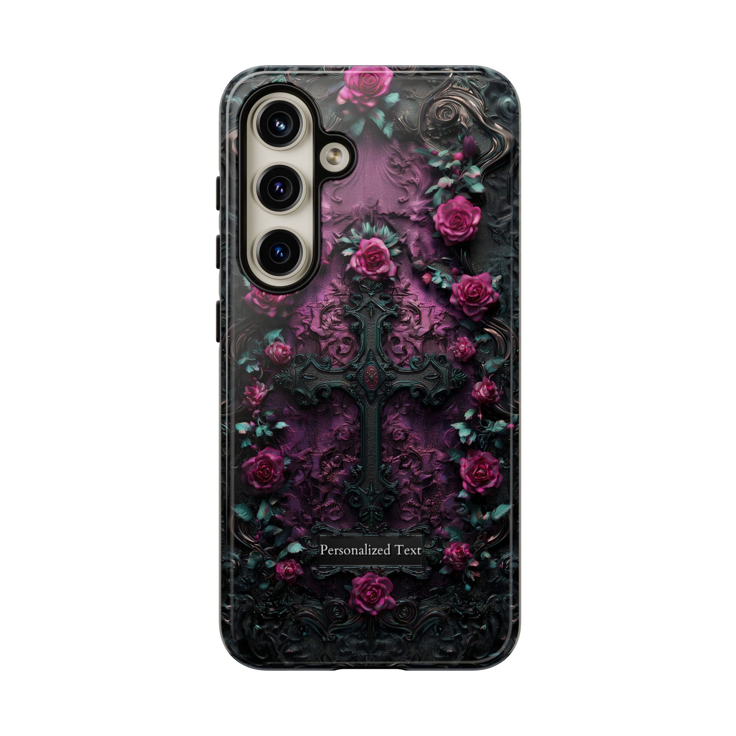 Gothic Rose Cross Phone Case - Dark Floral Baroque Design with Personalization Option (GLOSSY FINISH)