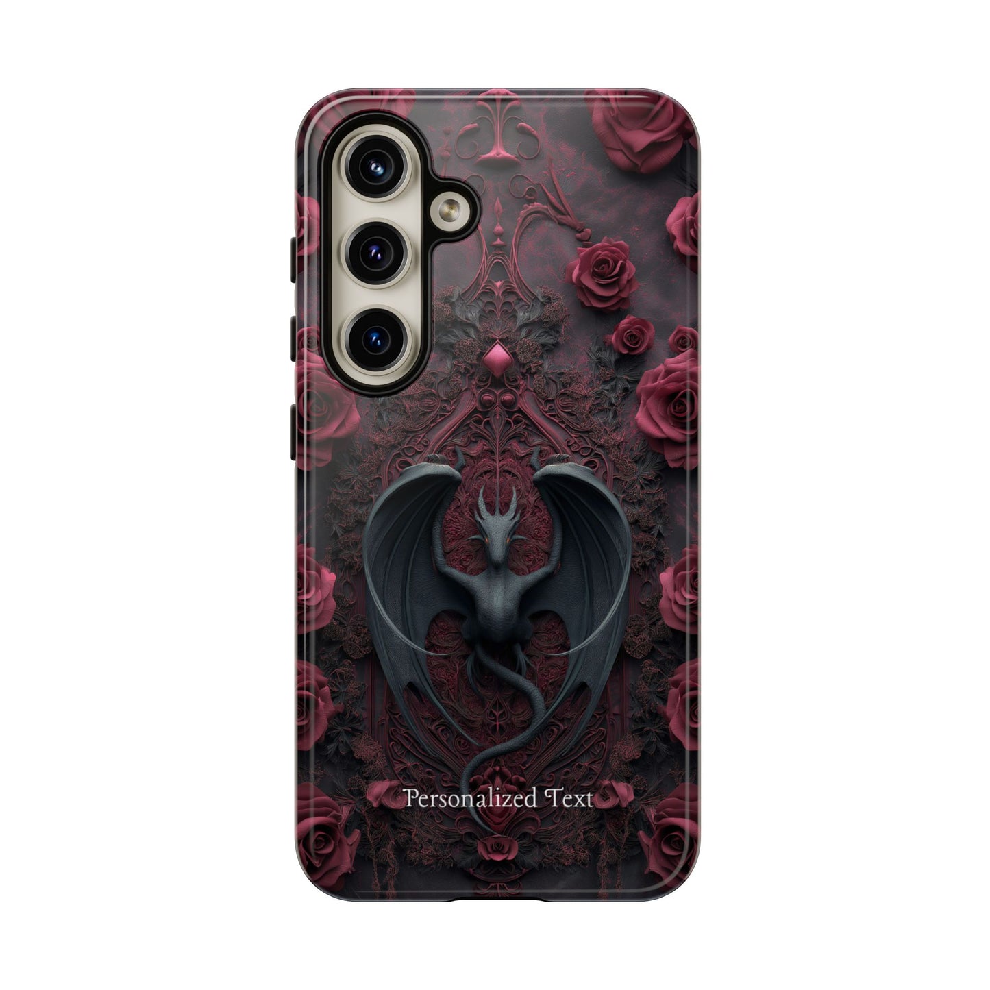 Gothic Dragon Rose Phone Case – Dark Fantasy Dragon with Crimson Roses and Optional Personalized Text